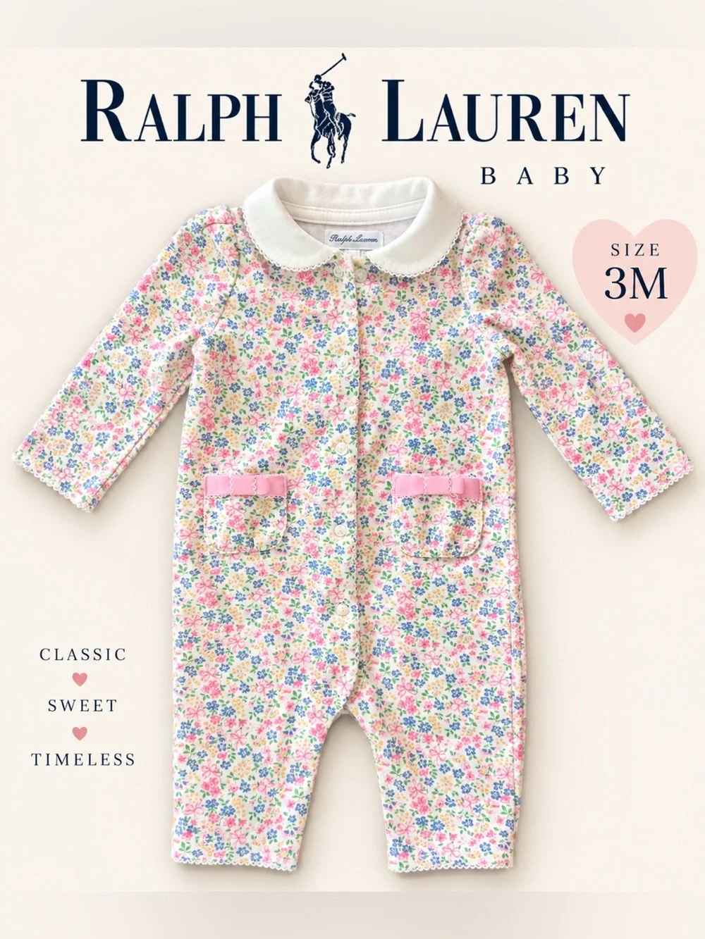 Ralph Lauren Baby Floral Collared Pink & Blue Long-Sleeve One-Piece